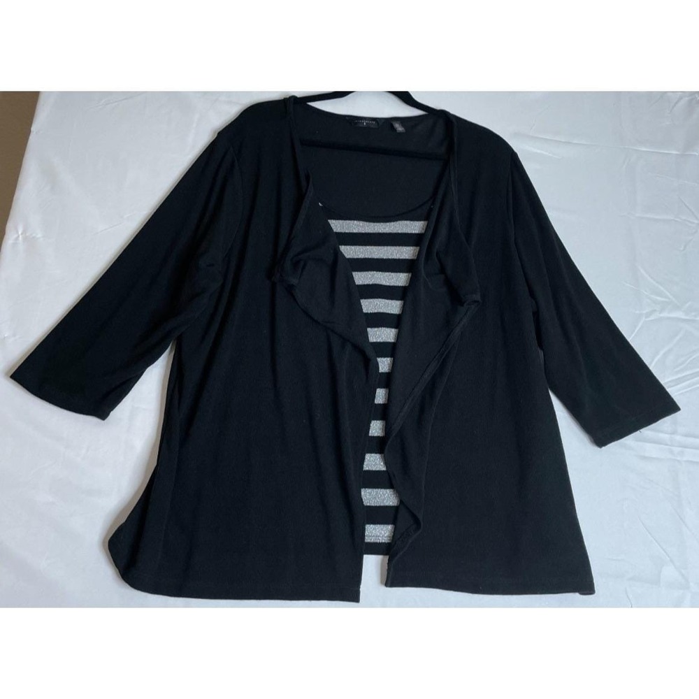 Investments II Women 2X Cardigan Tank Set Black Silver Metallic Striped Career